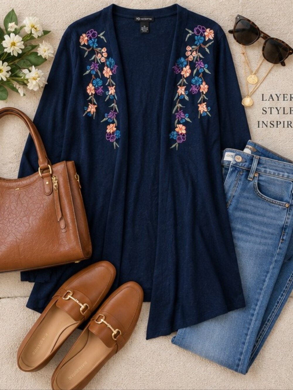 New Direction XL Navy Floral Embroidered Longline Cardigan